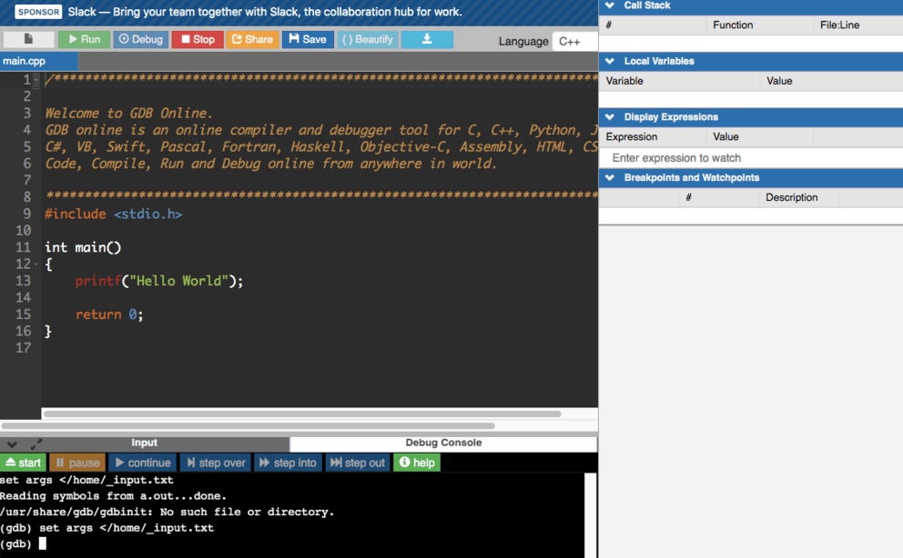 GDB online Debugger - Code, Compile, Run, Debug online C, C++